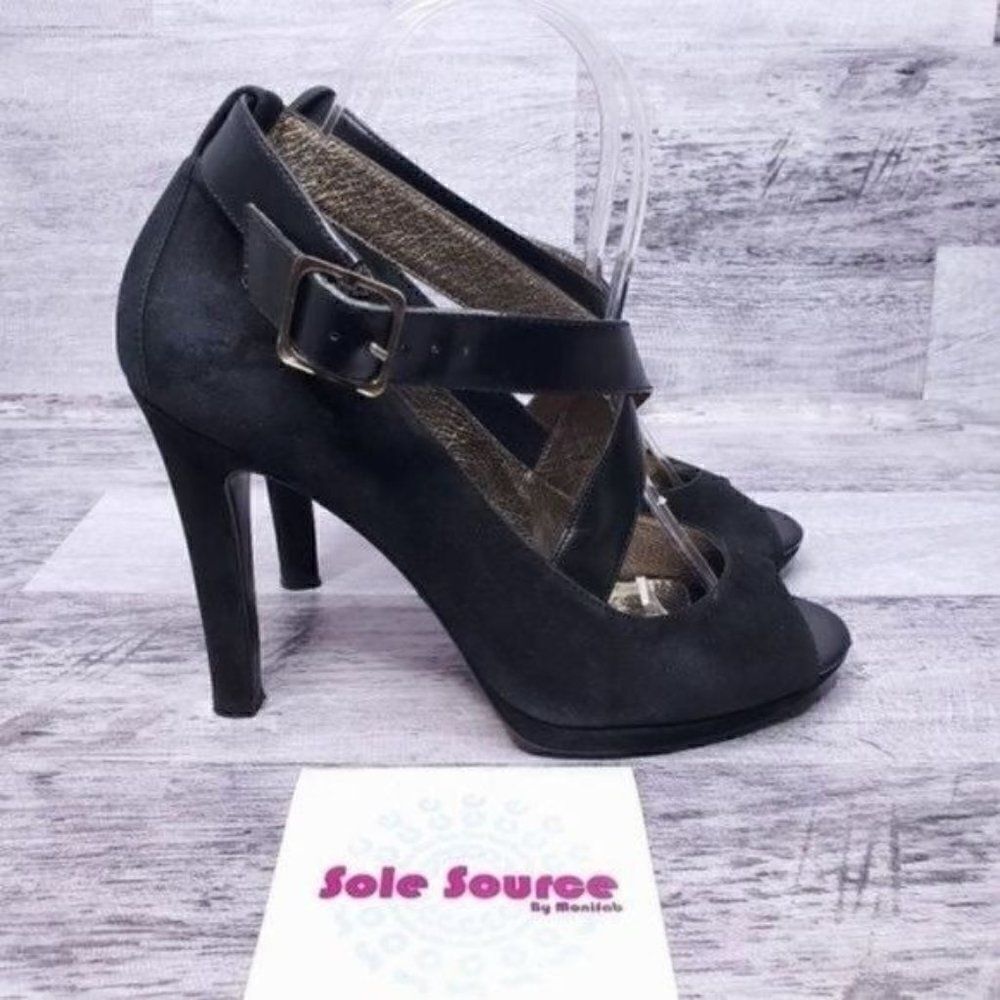 Dani Suede Peep Toe Cross Strap Dress Pump Black Women's sz 8